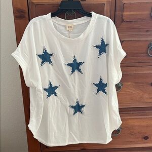 BiBi White Tee with Navy Star Patterns With Pearls NWT